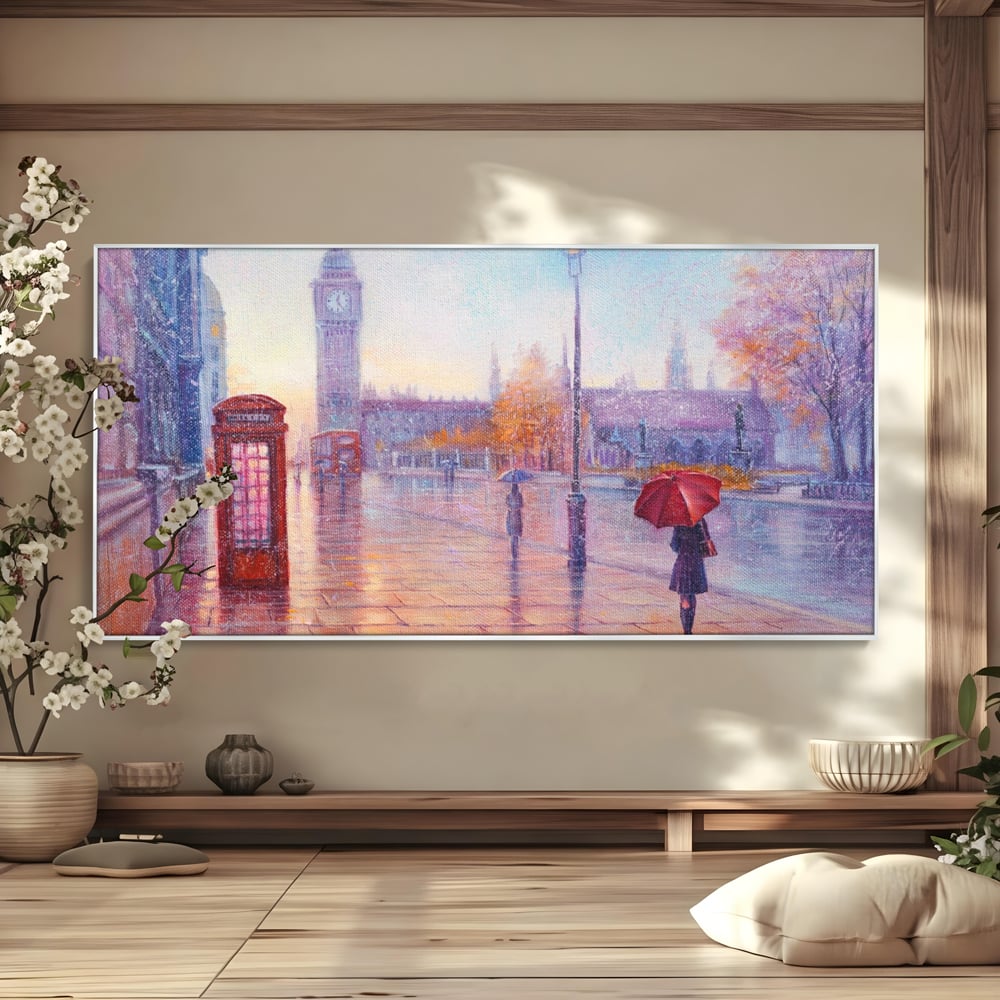 Tablou Canvas Premium LuxCanva® A1075, Ploaie In Londra , Red Telephone, Plimbare, Umbrela Rosie, Culori Vibrante