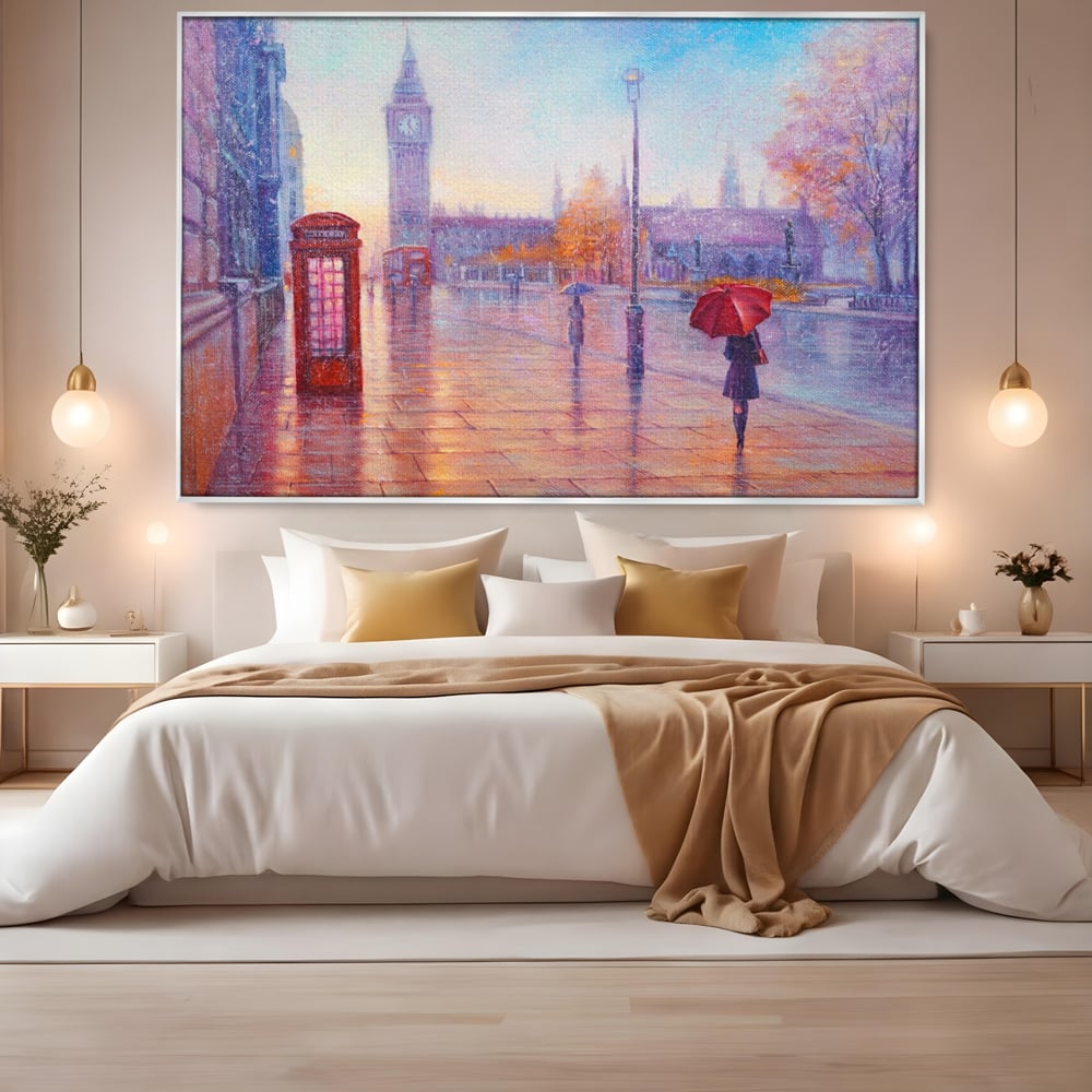 Tablou Canvas Premium LuxCanva® A1075, Ploaie In Londra , Red Telephone, Plimbare, Umbrela Rosie, Culori Vibrante