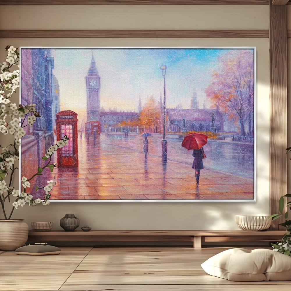 Tablou Canvas Premium LuxCanva® A1075, Ploaie In Londra , Red Telephone, Plimbare, Umbrela Rosie, Culori Vibrante