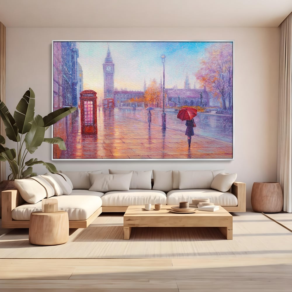 Tablou Canvas Premium LuxCanva® A1075, Ploaie In Londra , Red Telephone, Plimbare, Umbrela Rosie, Culori Vibrante