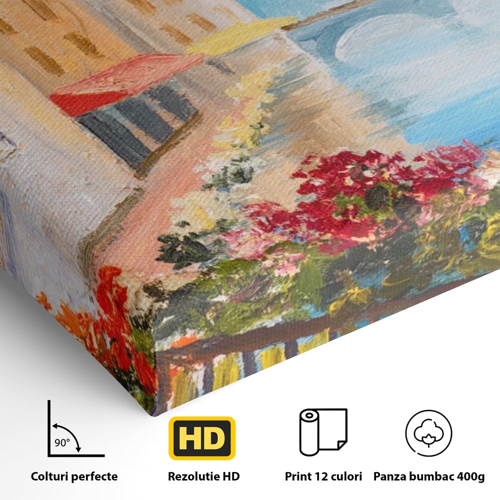 Tablou Canvas Premium LuxCanva® A1076, Flori La Fereastra , Peisaj, Flori Colorate, Case, Culori Vibrante