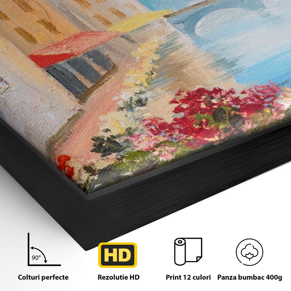 Tablou Canvas Premium LuxCanva® A1076, Flori La Fereastra , Peisaj, Flori Colorate, Case, Culori Vibrante