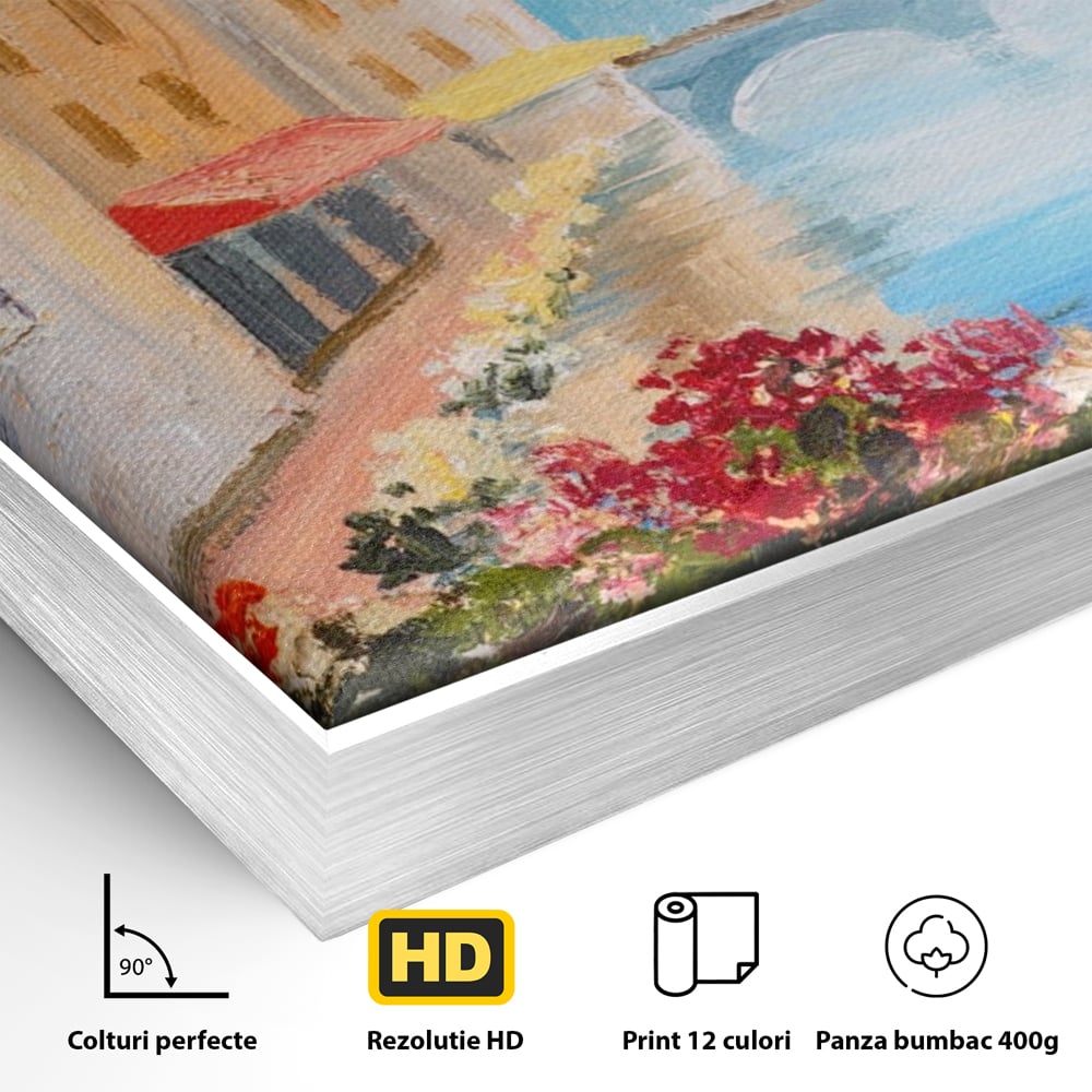 Tablou Canvas Premium LuxCanva® A1076, Flori La Fereastra , Peisaj, Flori Colorate, Case, Culori Vibrante