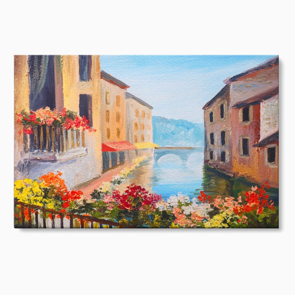 Tablou Canvas Premium LuxCanva® A1076, Flori La Fereastra , Peisaj, Flori Colorate, Case, Culori Vibrante