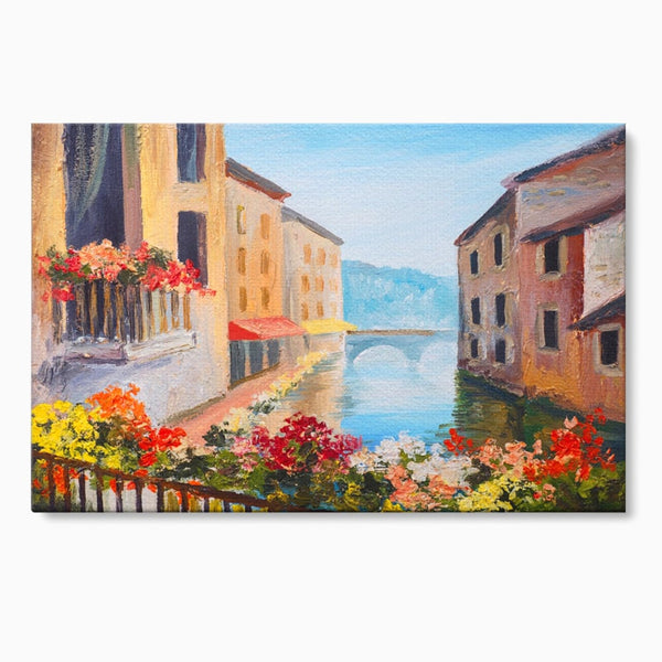 Tablou Canvas Premium LuxCanva® A1076, Flori La Fereastra , Peisaj, Flori Colorate, Case, Culori Vibrante