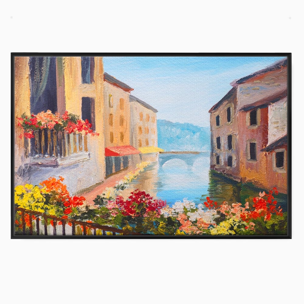 Tablou Canvas Premium LuxCanva® A1076, Flori La Fereastra , Peisaj, Flori Colorate, Case, Culori Vibrante