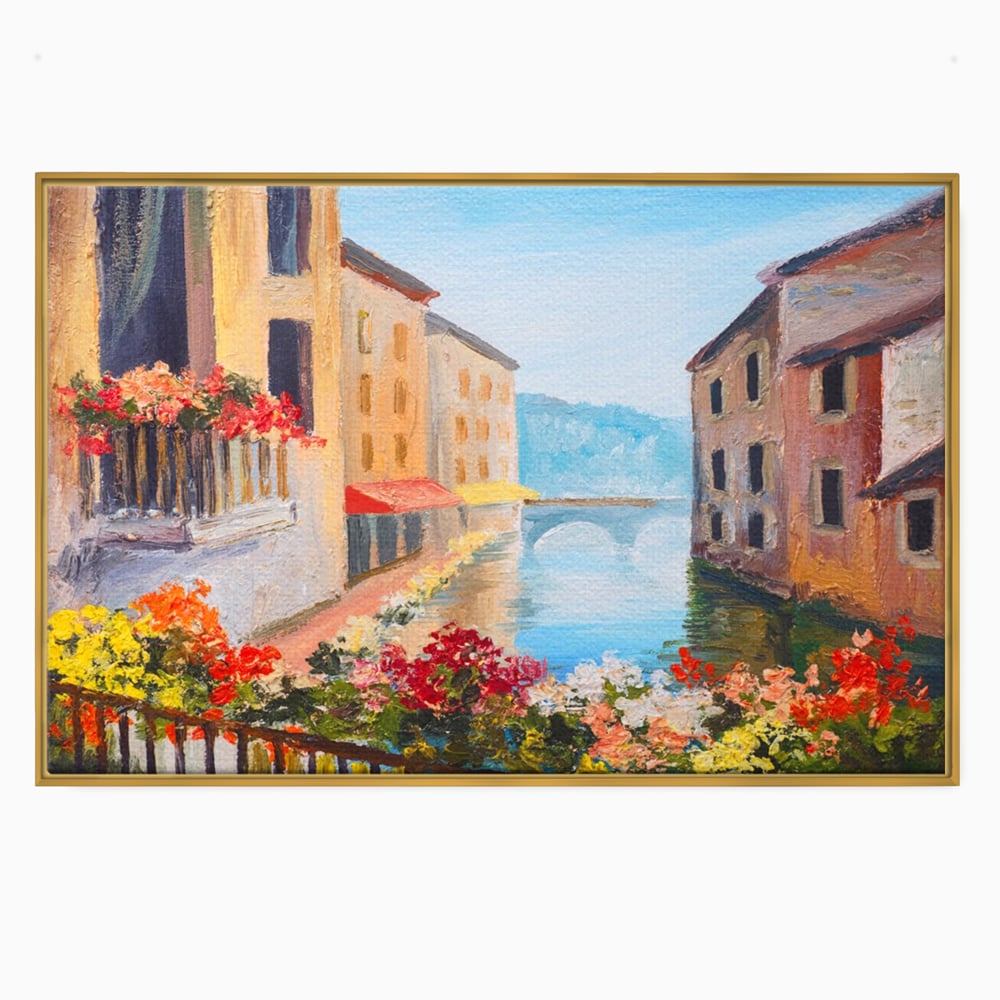 Tablou Canvas Premium LuxCanva® A1076, Flori La Fereastra , Peisaj, Flori Colorate, Case, Culori Vibrante