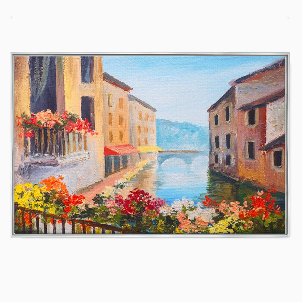 Tablou Canvas Premium LuxCanva® A1076, Flori La Fereastra , Peisaj, Flori Colorate, Case, Culori Vibrante