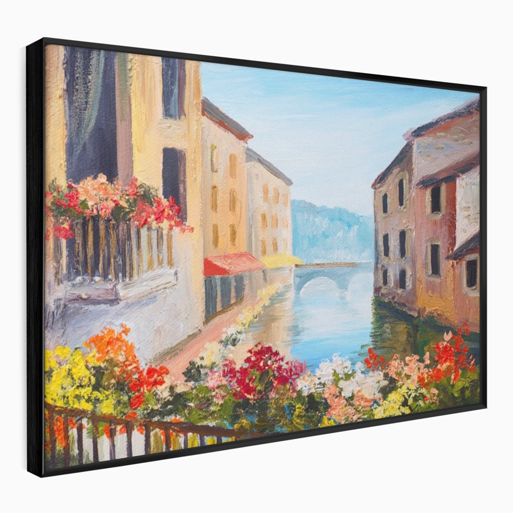Tablou Canvas Premium LuxCanva® A1076, Flori La Fereastra , Peisaj, Flori Colorate, Case, Culori Vibrante