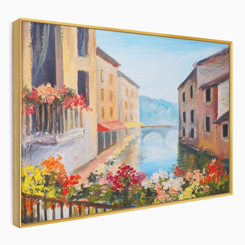 Tablou Canvas Premium LuxCanva® A1076, Flori La Fereastra , Peisaj, Flori Colorate, Case, Culori Vibrante