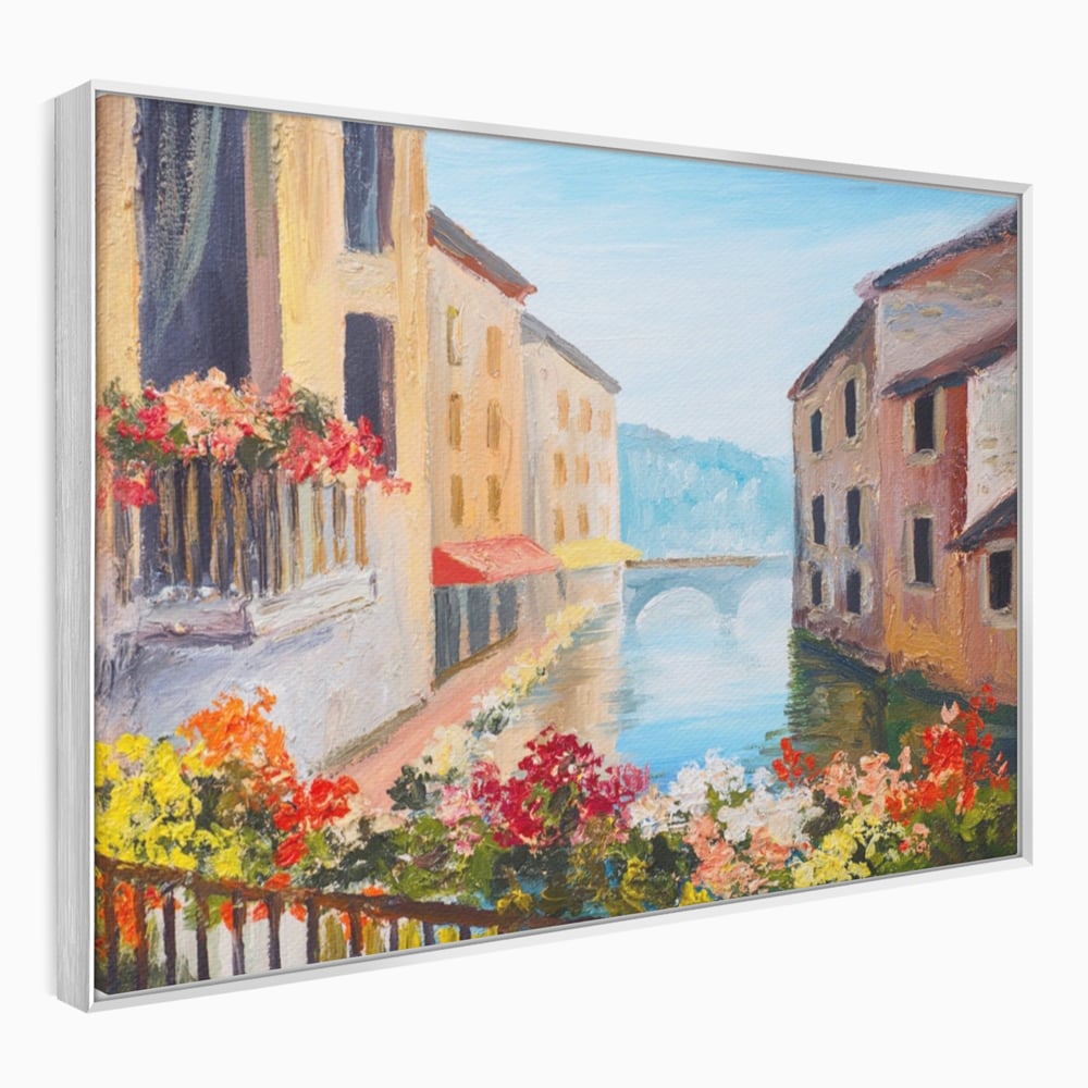 Tablou Canvas Premium LuxCanva® A1076, Flori La Fereastra , Peisaj, Flori Colorate, Case, Culori Vibrante