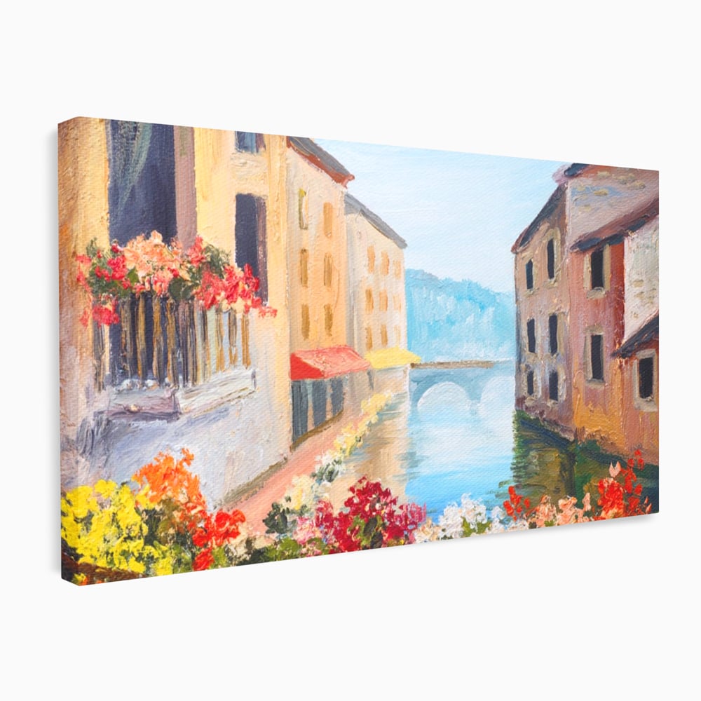 Tablou Canvas Premium LuxCanva® A1076, Flori La Fereastra , Peisaj, Flori Colorate, Case, Culori Vibrante