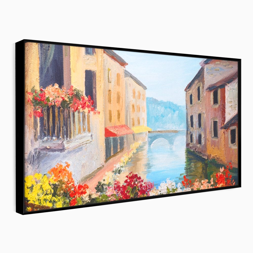 Tablou Canvas Premium LuxCanva® A1076, Flori La Fereastra , Peisaj, Flori Colorate, Case, Culori Vibrante