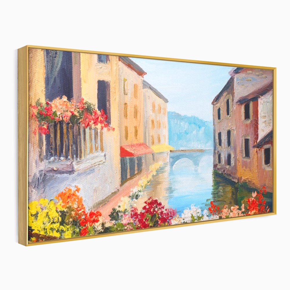 Tablou Canvas Premium LuxCanva® A1076, Flori La Fereastra , Peisaj, Flori Colorate, Case, Culori Vibrante