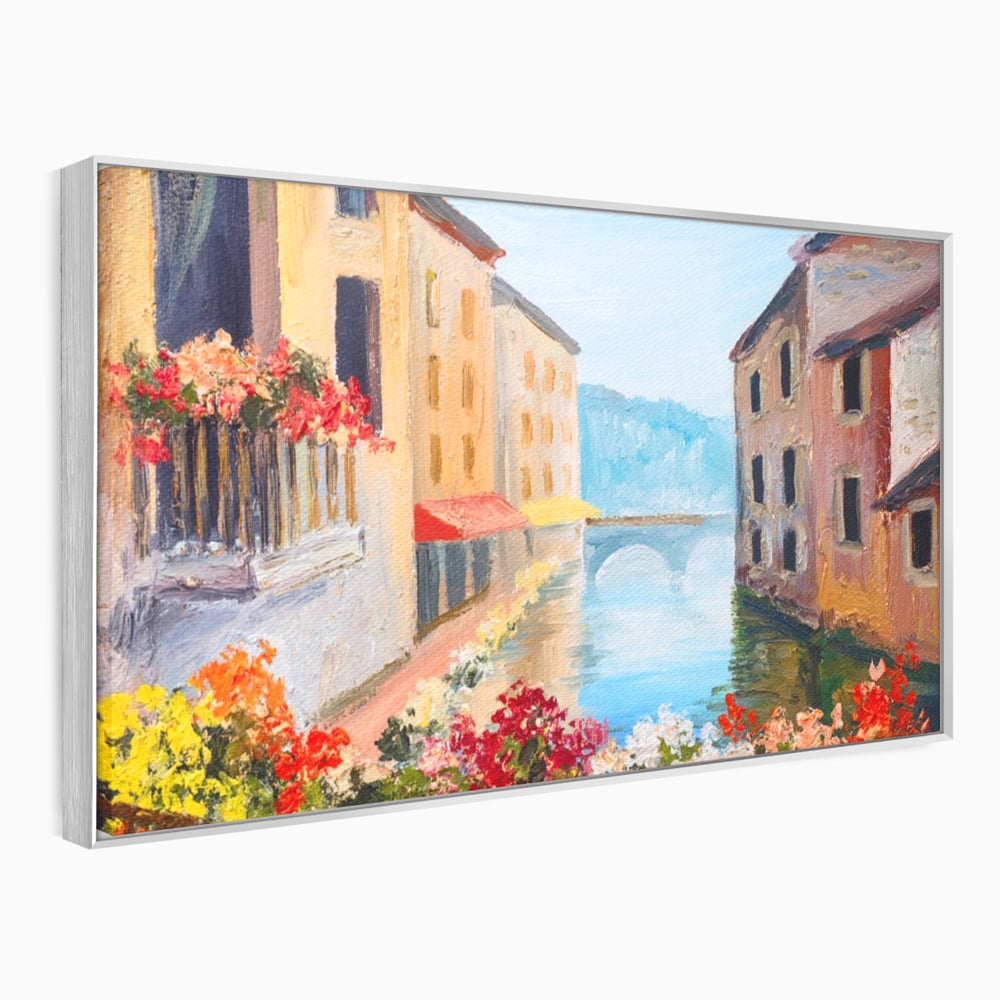 Tablou Canvas Premium LuxCanva® A1076, Flori La Fereastra , Peisaj, Flori Colorate, Case, Culori Vibrante