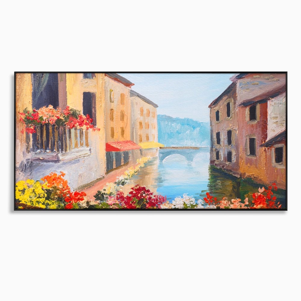 Tablou Canvas Premium LuxCanva® A1076, Flori La Fereastra , Peisaj, Flori Colorate, Case, Culori Vibrante