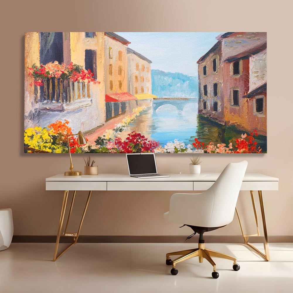 Tablou Canvas Premium LuxCanva® A1076, Flori La Fereastra , Peisaj, Flori Colorate, Case, Culori Vibrante