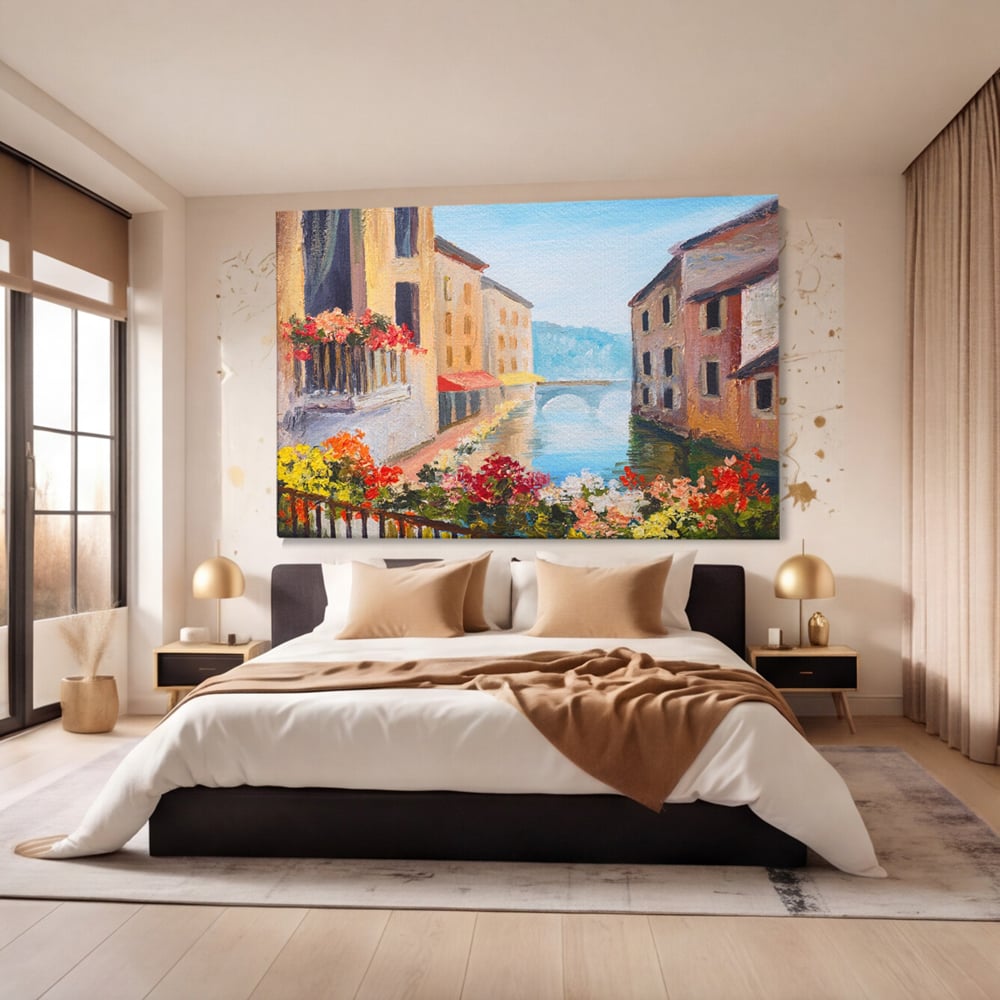 Tablou Canvas Premium LuxCanva® A1076, Flori La Fereastra , Peisaj, Flori Colorate, Case, Culori Vibrante