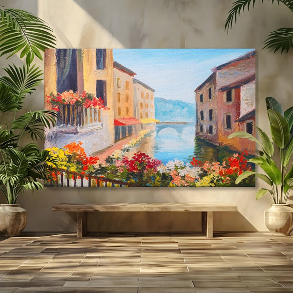 Tablou Canvas Premium LuxCanva® A1076, Flori La Fereastra , Peisaj, Flori Colorate, Case, Culori Vibrante