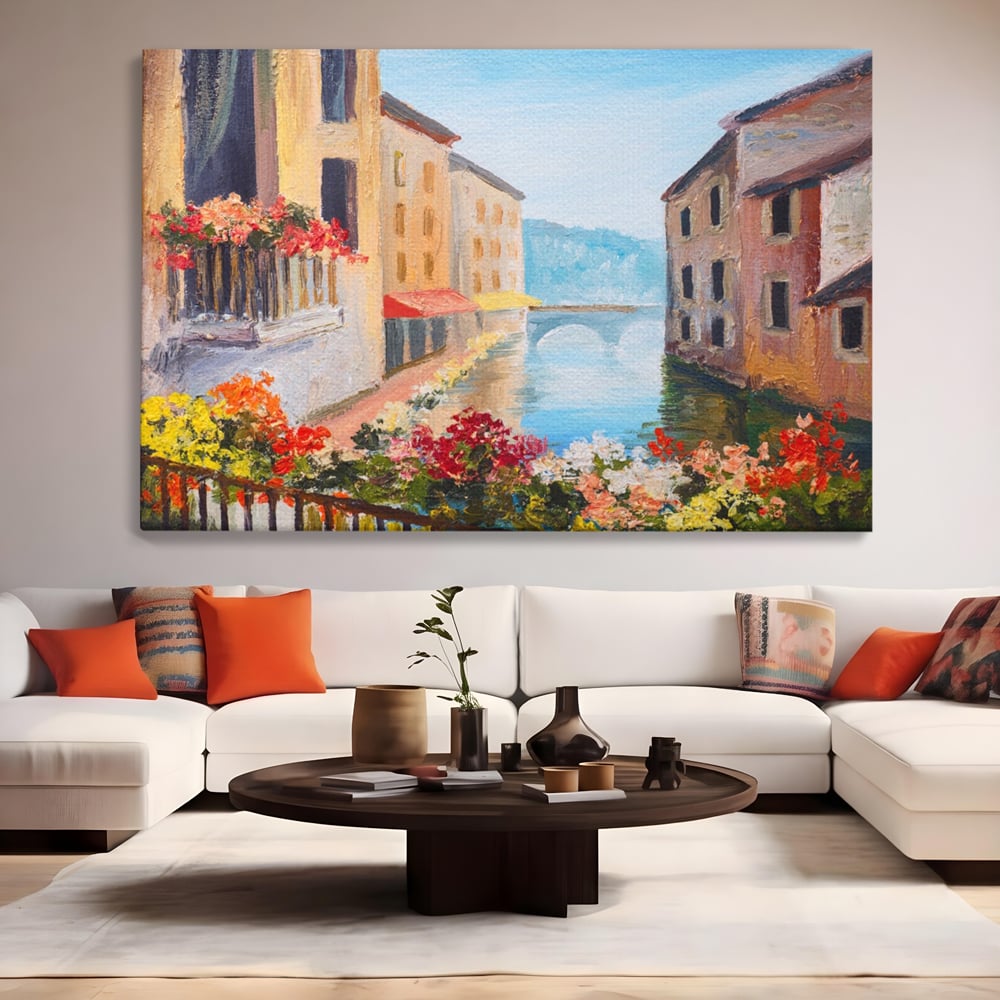 Tablou Canvas Premium LuxCanva® A1076, Flori La Fereastra , Peisaj, Flori Colorate, Case, Culori Vibrante