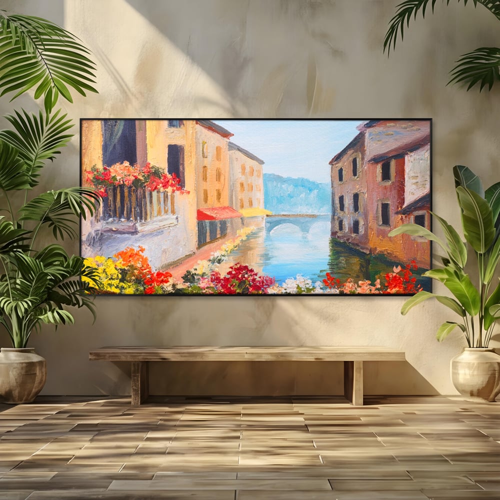 Tablou Canvas Premium LuxCanva® A1076, Flori La Fereastra , Peisaj, Flori Colorate, Case, Culori Vibrante