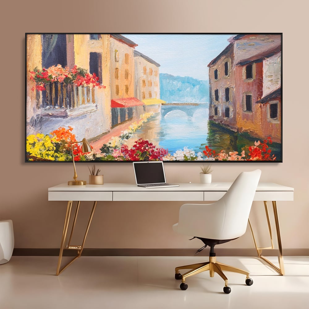 Tablou Canvas Premium LuxCanva® A1076, Flori La Fereastra , Peisaj, Flori Colorate, Case, Culori Vibrante