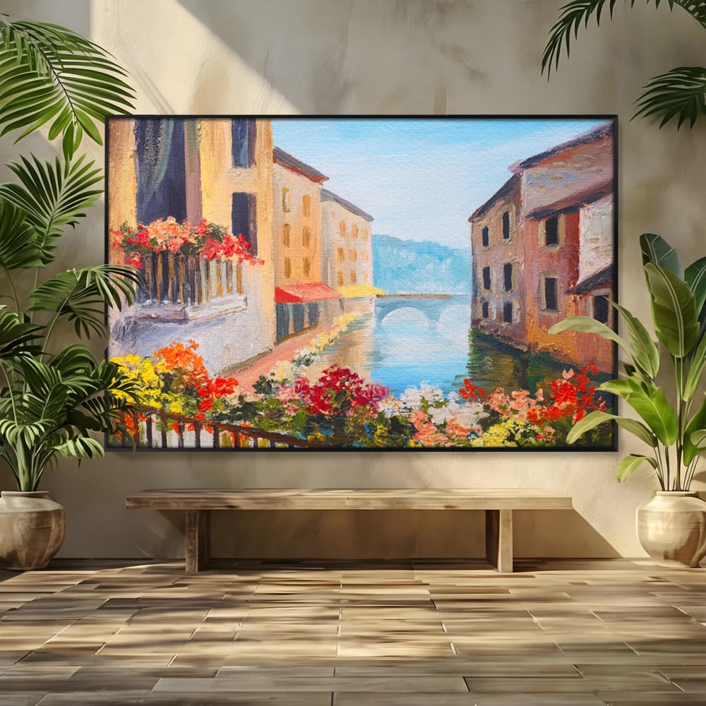 Tablou Canvas Premium LuxCanva® A1076, Flori La Fereastra , Peisaj, Flori Colorate, Case, Culori Vibrante