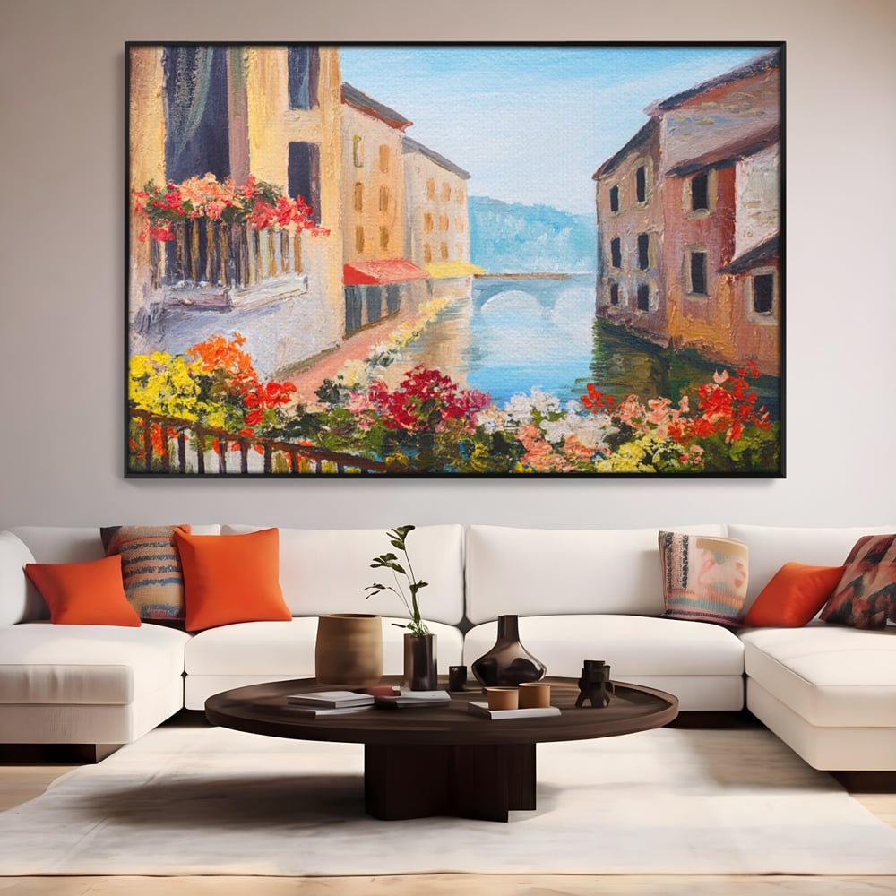 Tablou Canvas Premium LuxCanva® A1076, Flori La Fereastra , Peisaj, Flori Colorate, Case, Culori Vibrante