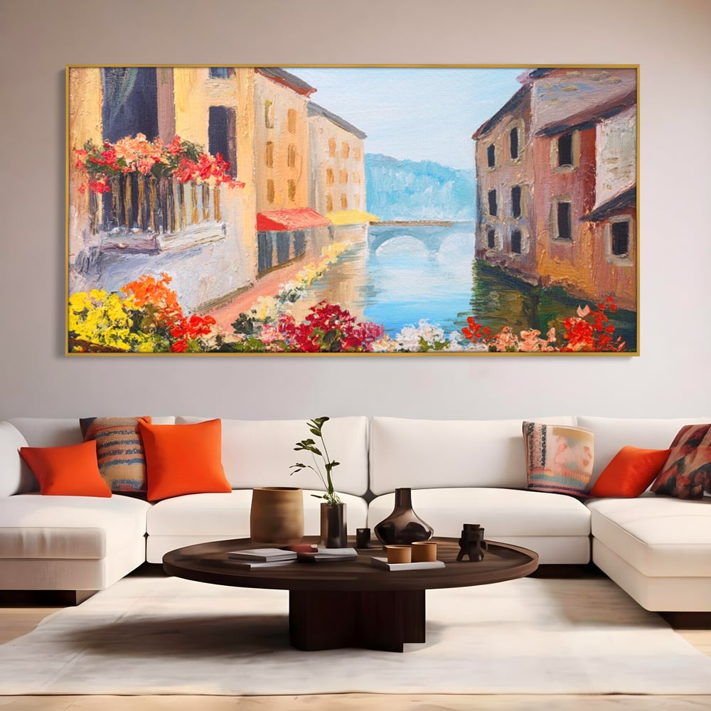 Tablou Canvas Premium LuxCanva® A1076, Flori La Fereastra , Peisaj, Flori Colorate, Case, Culori Vibrante