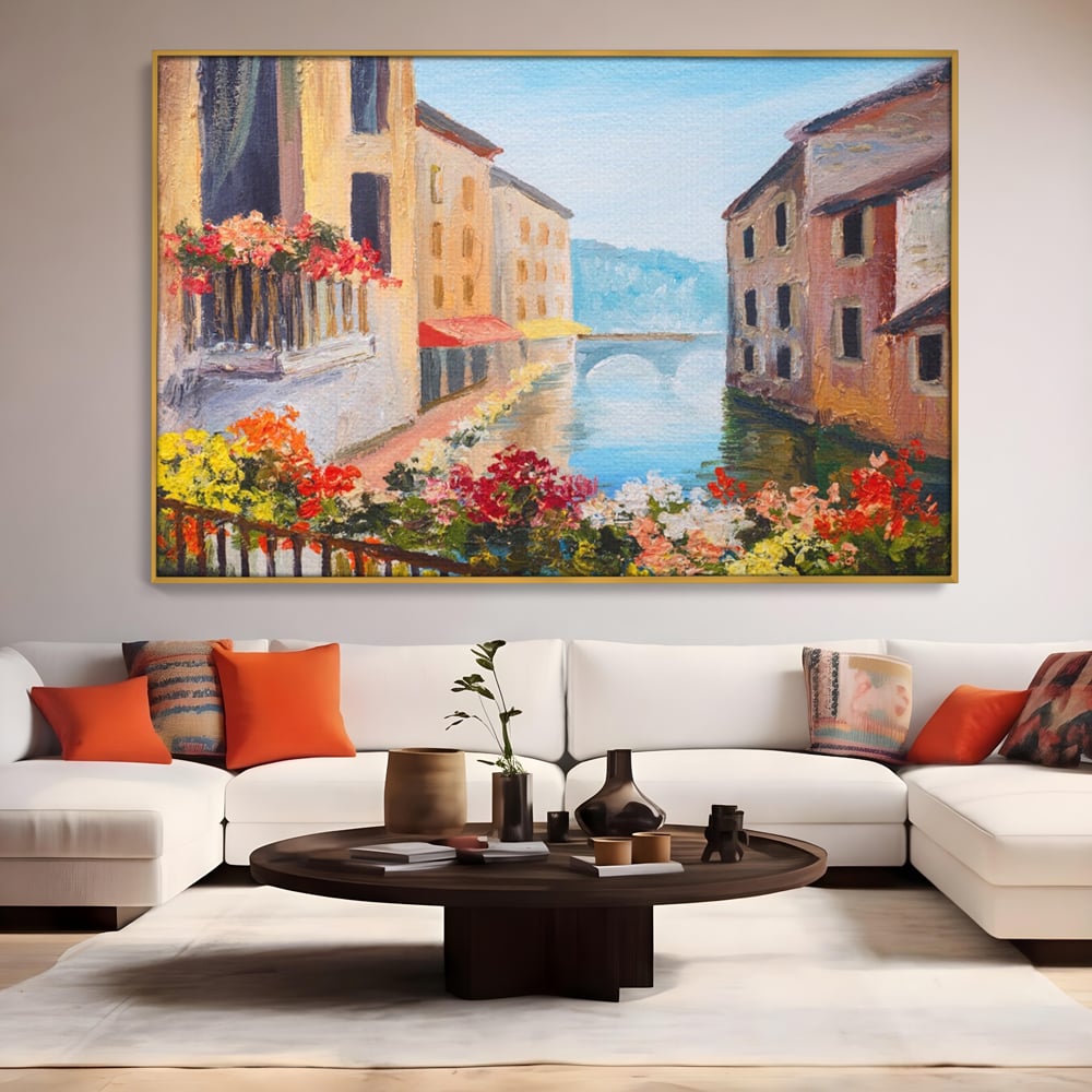 Tablou Canvas Premium LuxCanva® A1076, Flori La Fereastra , Peisaj, Flori Colorate, Case, Culori Vibrante
