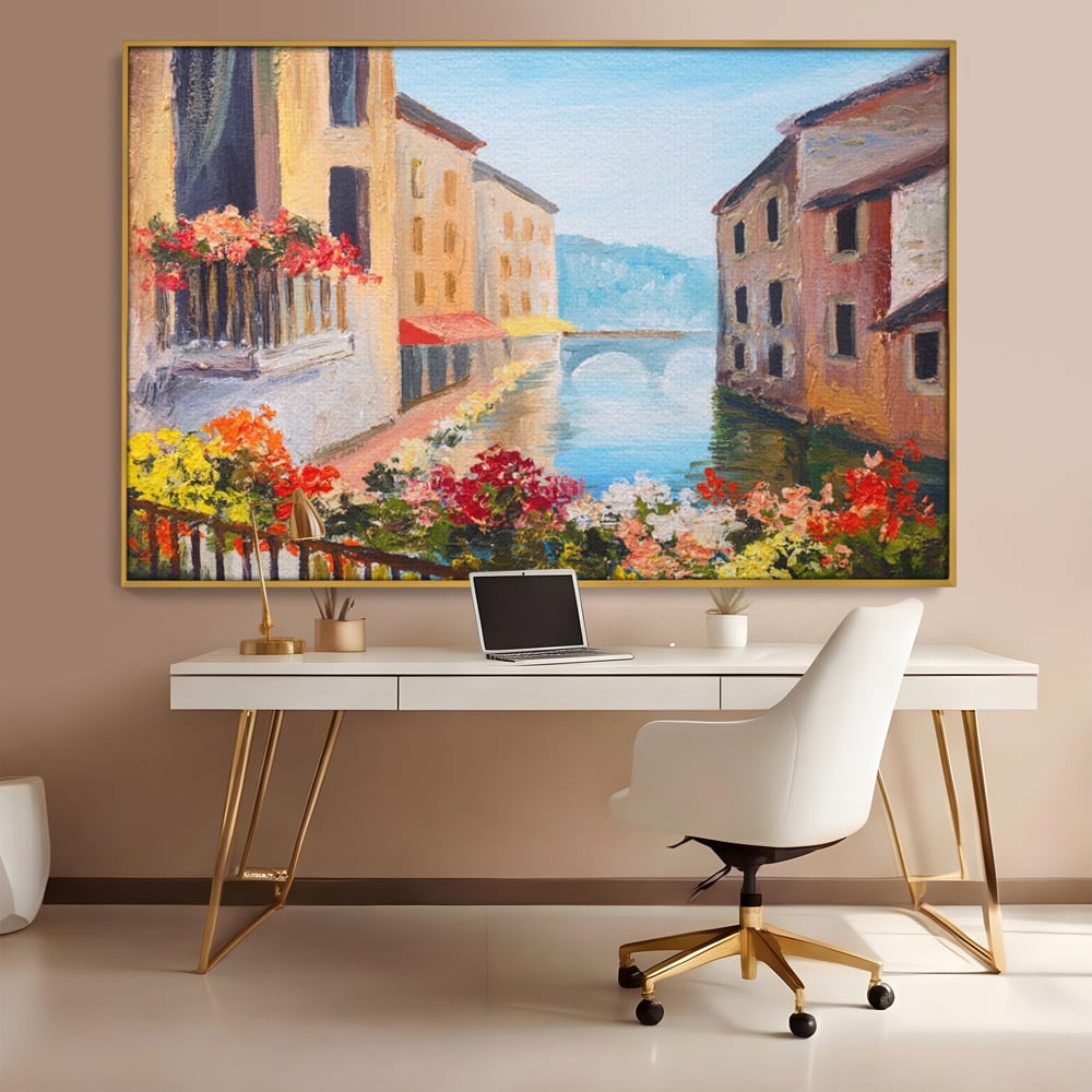 Tablou Canvas Premium LuxCanva® A1076, Flori La Fereastra , Peisaj, Flori Colorate, Case, Culori Vibrante
