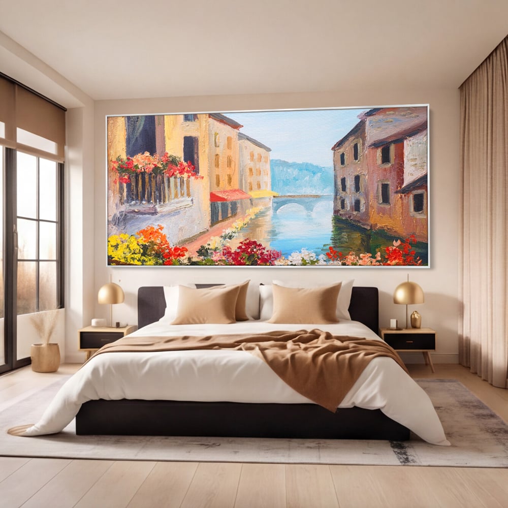 Tablou Canvas Premium LuxCanva® A1076, Flori La Fereastra , Peisaj, Flori Colorate, Case, Culori Vibrante