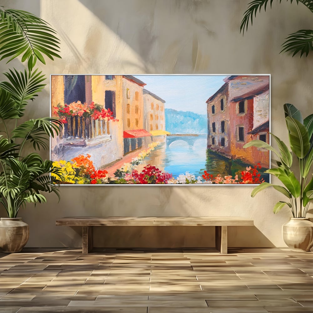 Tablou Canvas Premium LuxCanva® A1076, Flori La Fereastra , Peisaj, Flori Colorate, Case, Culori Vibrante