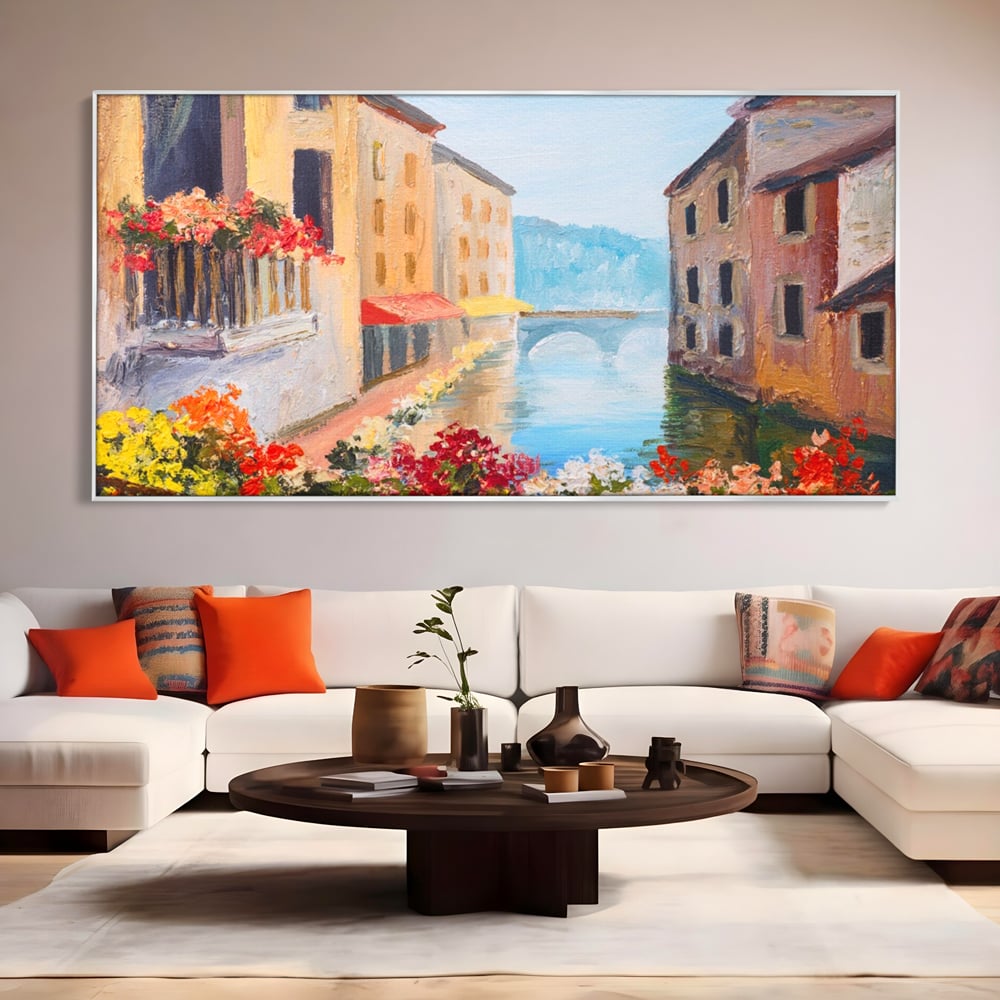 Tablou Canvas Premium LuxCanva® A1076, Flori La Fereastra , Peisaj, Flori Colorate, Case, Culori Vibrante