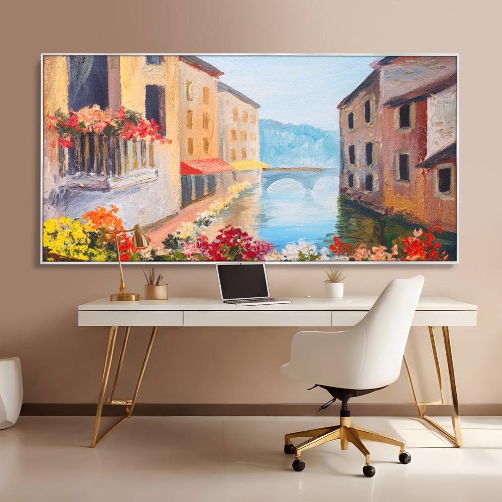 Tablou Canvas Premium LuxCanva® A1076, Flori La Fereastra , Peisaj, Flori Colorate, Case, Culori Vibrante
