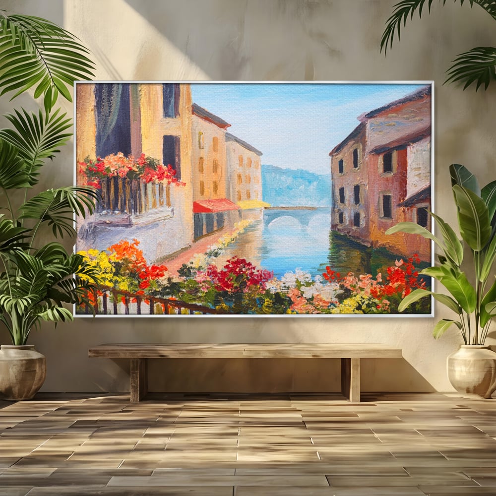 Tablou Canvas Premium LuxCanva® A1076, Flori La Fereastra , Peisaj, Flori Colorate, Case, Culori Vibrante
