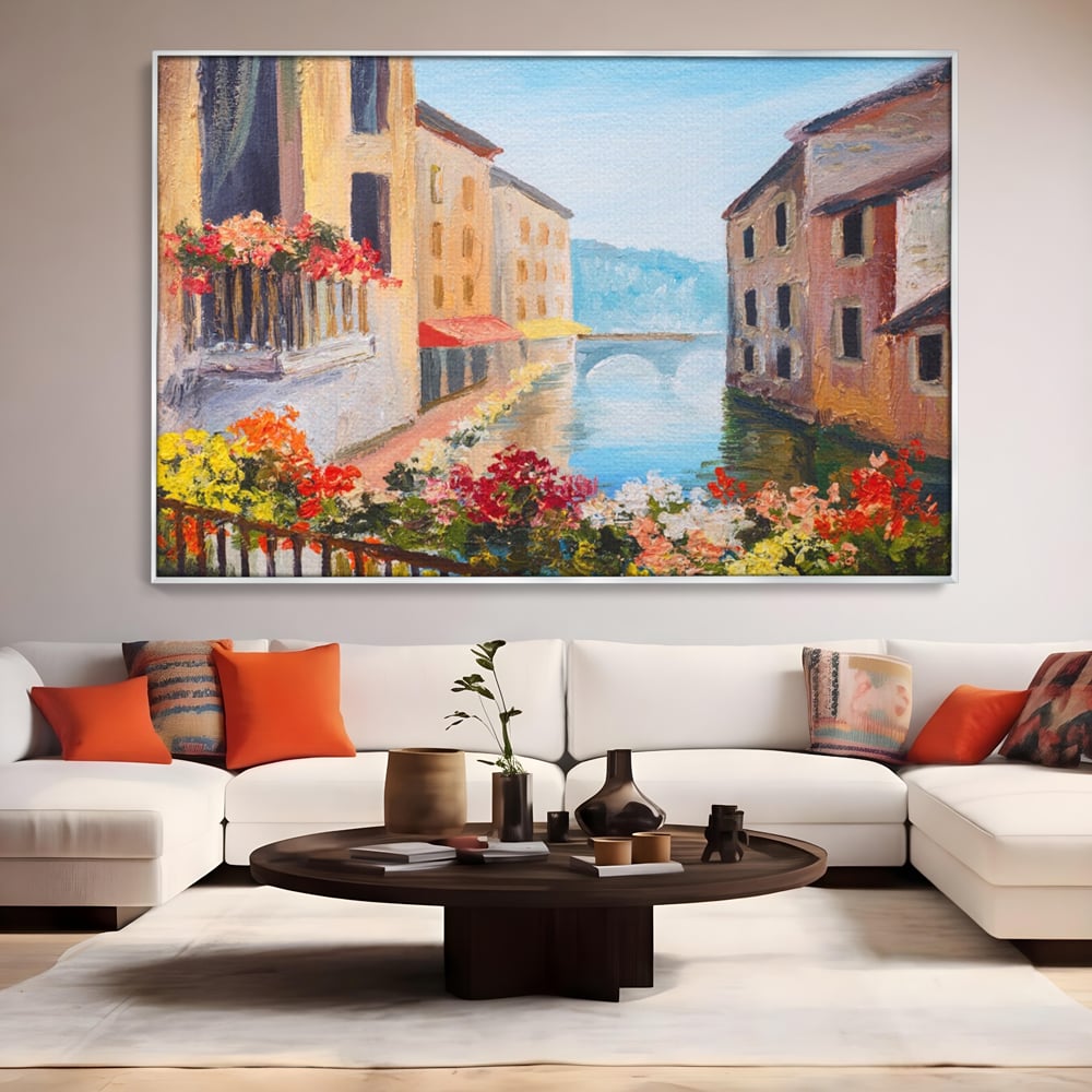 Tablou Canvas Premium LuxCanva® A1076, Flori La Fereastra , Peisaj, Flori Colorate, Case, Culori Vibrante