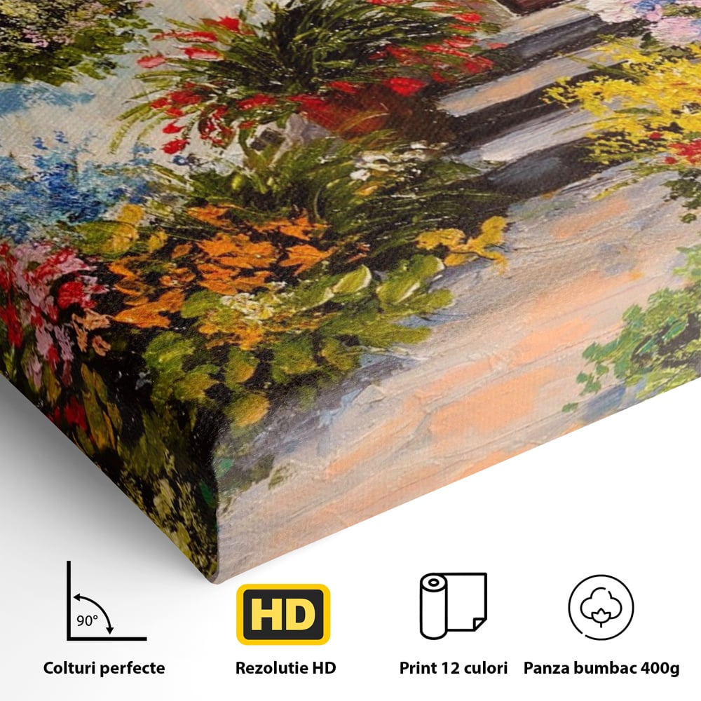 Tablou Canvas Premium LuxCanva® A1078, Aleea Cu Flori , Peisaj, Gradina, Casa, Natura, Culori Vibrante