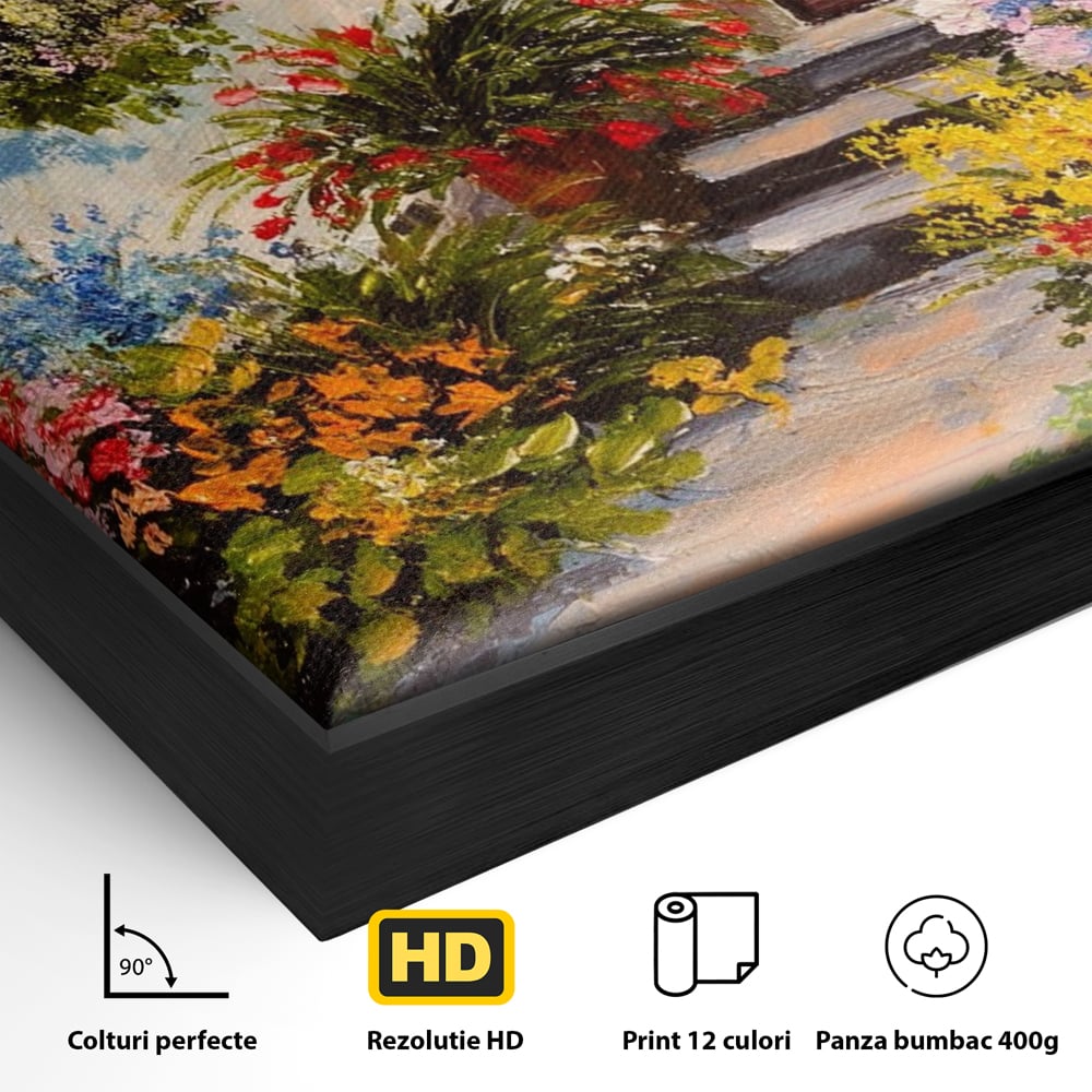 Tablou Canvas Premium LuxCanva® A1078, Aleea Cu Flori , Peisaj, Gradina, Casa, Natura, Culori Vibrante