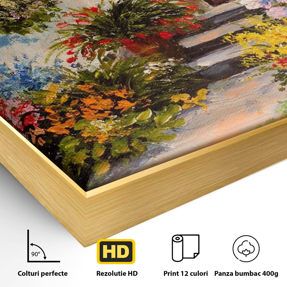 Tablou Canvas Premium LuxCanva® A1078, Aleea Cu Flori , Peisaj, Gradina, Casa, Natura, Culori Vibrante