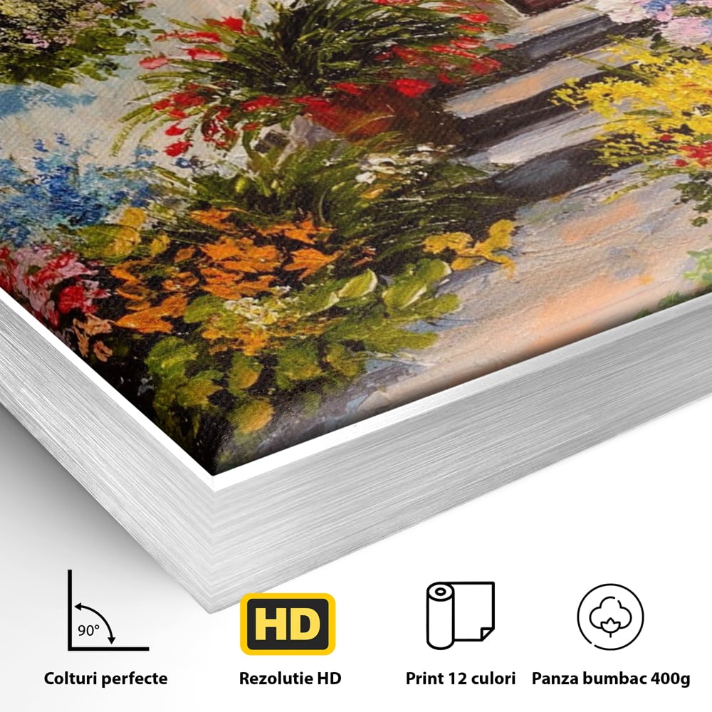 Tablou Canvas Premium LuxCanva® A1078, Aleea Cu Flori , Peisaj, Gradina, Casa, Natura, Culori Vibrante