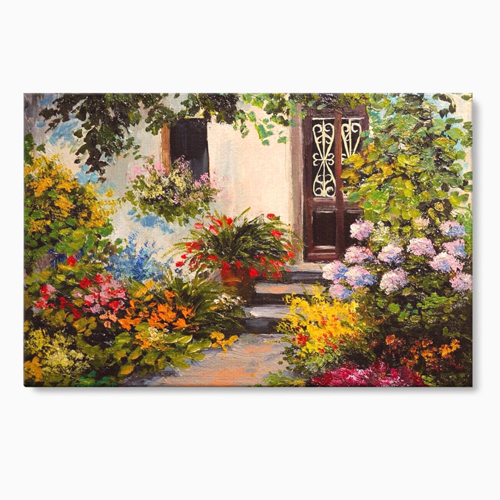 Tablou Canvas Premium LuxCanva® A1078, Aleea Cu Flori , Peisaj, Gradina, Casa, Natura, Culori Vibrante