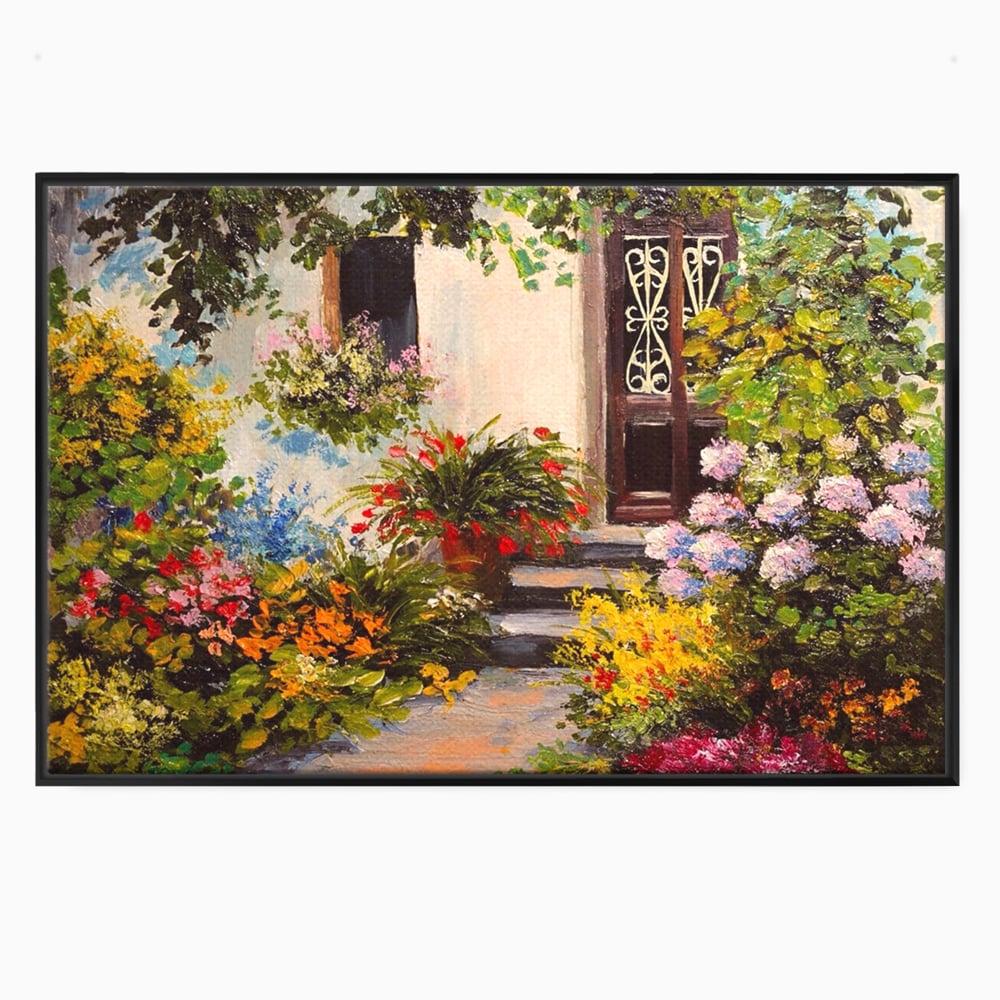 Tablou Canvas Premium LuxCanva® A1078, Aleea Cu Flori , Peisaj, Gradina, Casa, Natura, Culori Vibrante