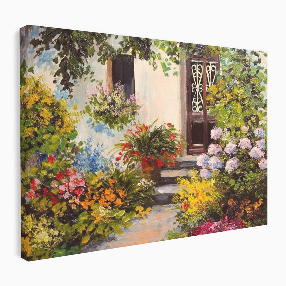Tablou Canvas Premium LuxCanva® A1078, Aleea Cu Flori , Peisaj, Gradina, Casa, Natura, Culori Vibrante