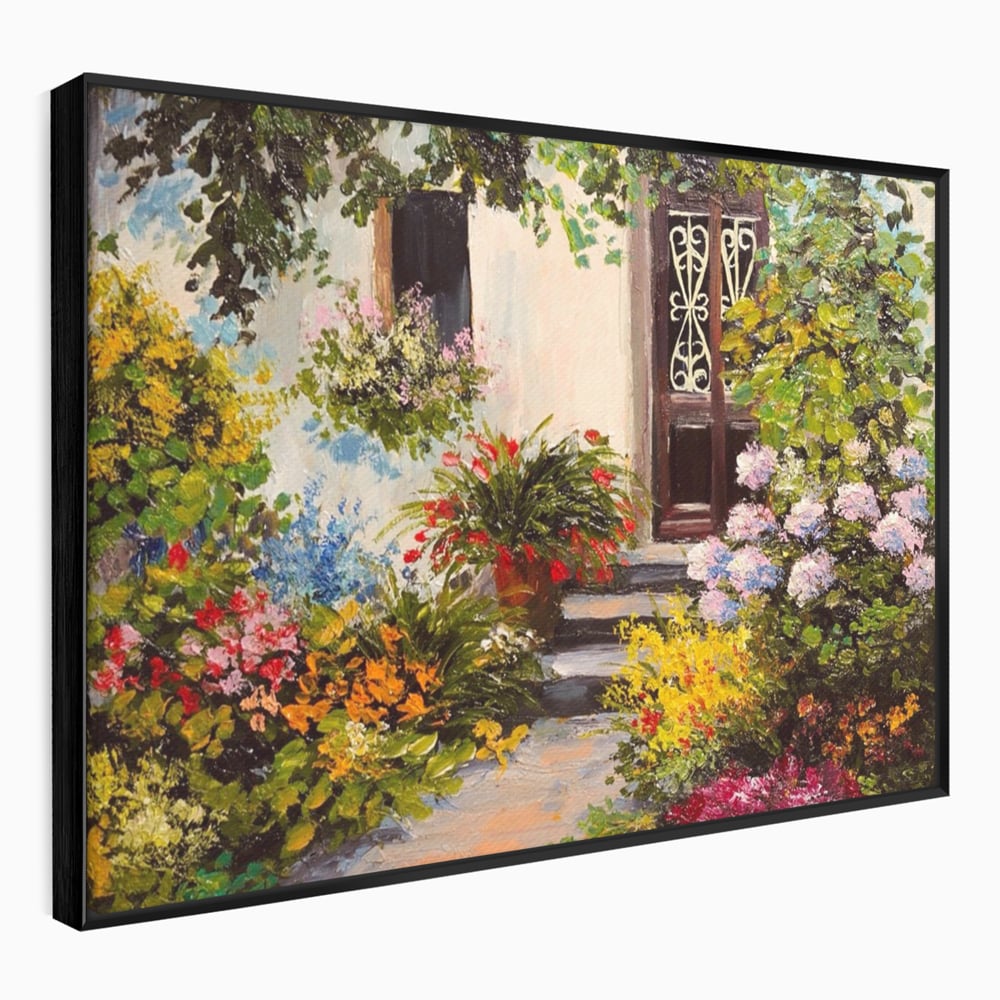 Tablou Canvas Premium LuxCanva® A1078, Aleea Cu Flori , Peisaj, Gradina, Casa, Natura, Culori Vibrante