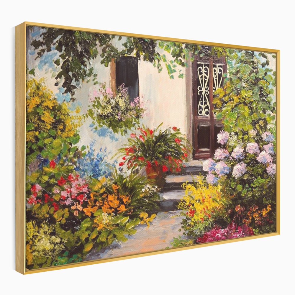 Tablou Canvas Premium LuxCanva® A1078, Aleea Cu Flori , Peisaj, Gradina, Casa, Natura, Culori Vibrante