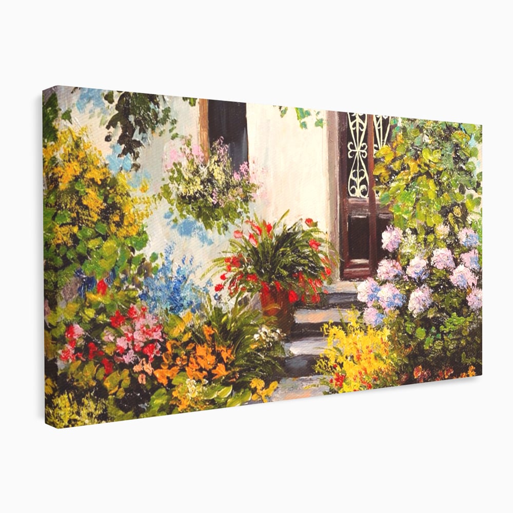 Tablou Canvas Premium LuxCanva® A1078, Aleea Cu Flori , Peisaj, Gradina, Casa, Natura, Culori Vibrante