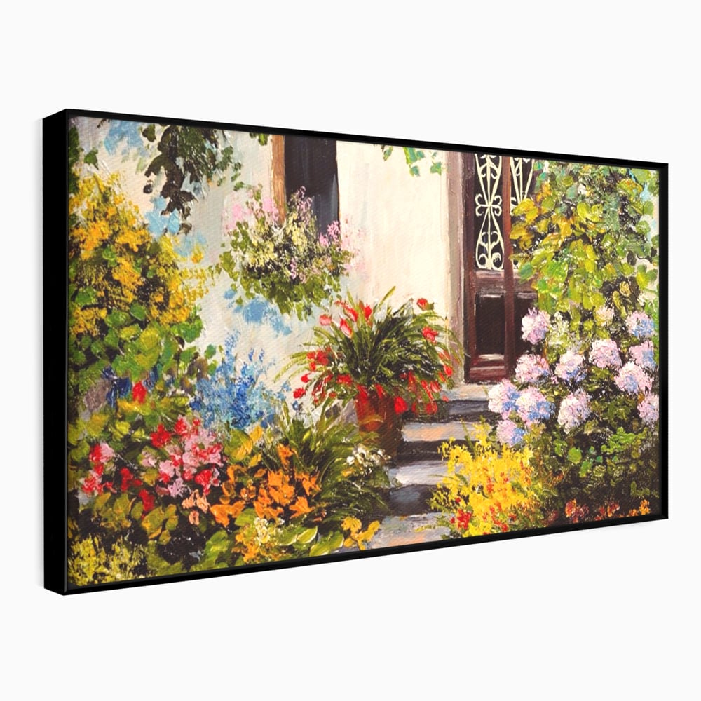 Tablou Canvas Premium LuxCanva® A1078, Aleea Cu Flori , Peisaj, Gradina, Casa, Natura, Culori Vibrante