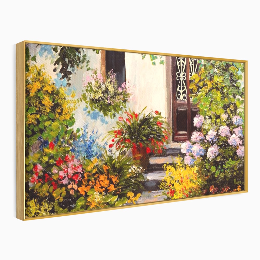 Tablou Canvas Premium LuxCanva® A1078, Aleea Cu Flori , Peisaj, Gradina, Casa, Natura, Culori Vibrante