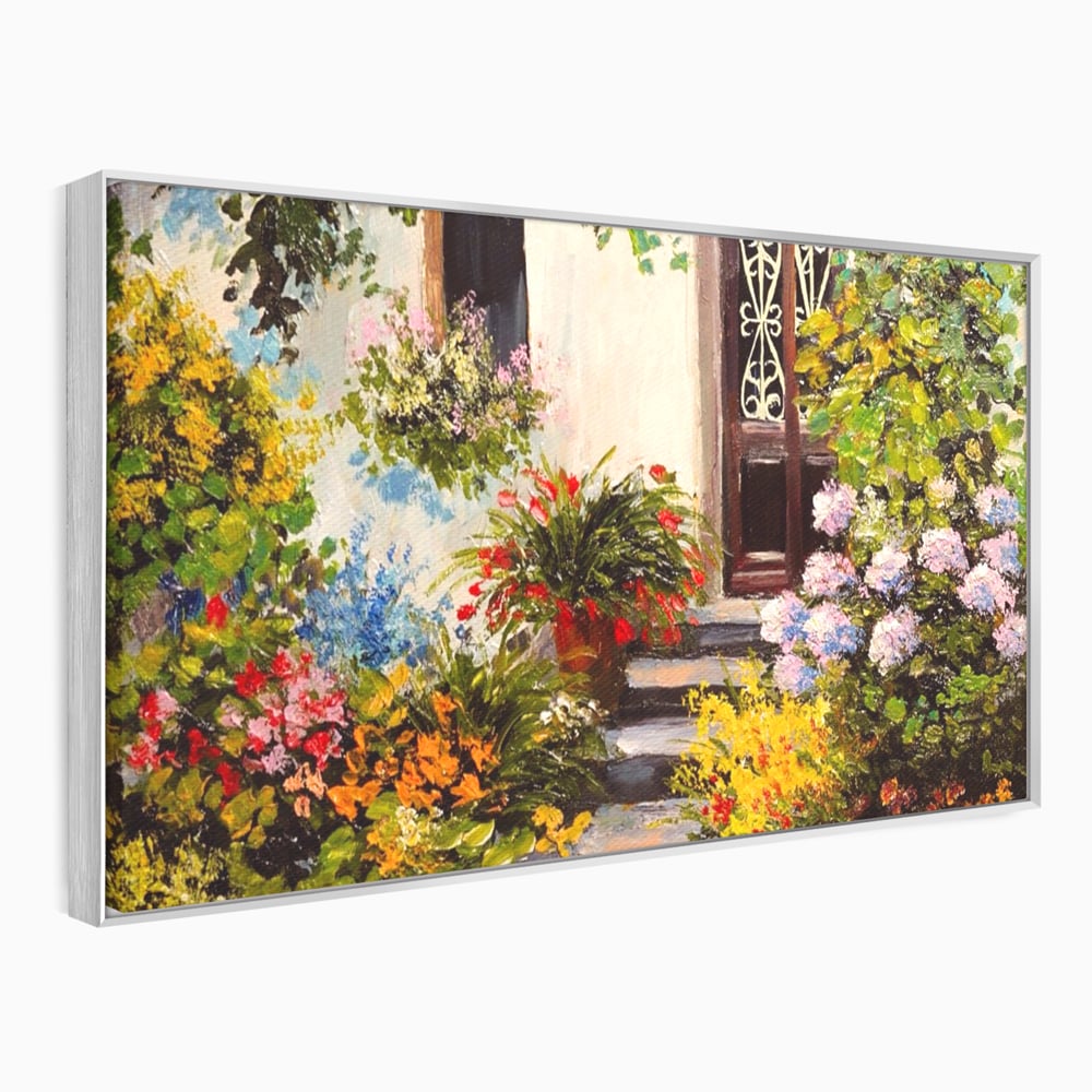Tablou Canvas Premium LuxCanva® A1078, Aleea Cu Flori , Peisaj, Gradina, Casa, Natura, Culori Vibrante